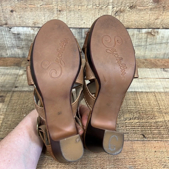 Seychelles Route Heels Womens Size 9.5 Tan Leather Criss-Cross Open Toe Buckle - Picture 14 of 16